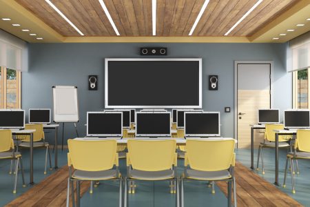 Multimedia classroom with laptops, flat screen and speakers - 3d rendering
